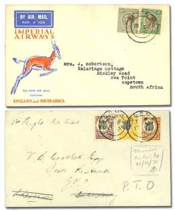 8038 1931, Tanganyika Ac cep tan ces, two cov ers: Spring bok cover Moshi - Cape Town franked 55c with backstamp; plain cover Dodoma - Salis bury, franked 55c