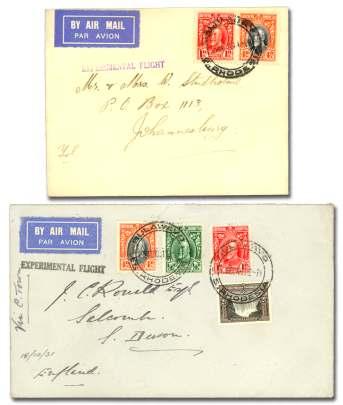 South Aus tra lia franked 1s4d air mails plus block of four ½d S.W.A (overfranking), dis patched by sea from Cape Town, backstamped Adelaide, 18 Jan 32, F-VF.