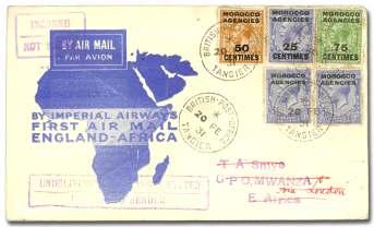 8042 1931, In au gu ral Flight, For eign Ac cep tan ces, Can ada - Mwanza, cover franked 5c can celed Win ni peg, Feb 9 1931, for warded by sea to Eng land and