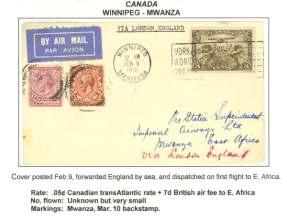 Post Of fice in Tang ier (Feb20), for - warded to Lon don by sea, dis patched on First Flight, backstamped Mwanza, 10 Mar; handstamped Un de liv - ered and Re