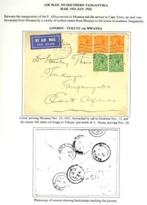 A, 9 Mar; franked 1s5c; and Nakuru - Eng land 11 Aug, franked 1s30c (dou ble rate); both sent by rail to Kisumu, F-VF.