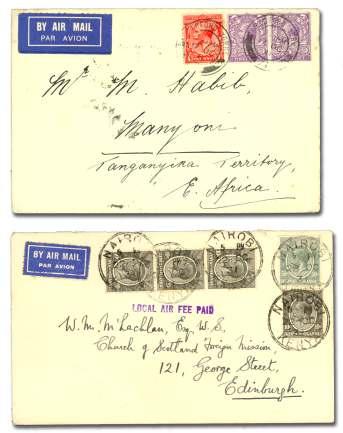 .... $150 8088 1931 (12 Mar), Su dan Mail, two cov ers: blue map cover to Great Brit ain with Juba - Lon don black ca chet type