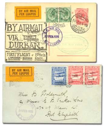8006 1925, South Af ri can Air Force Ex per i men tal Ser - vice, two cov ers with flight ca chet as pre vi ous: post card Cape Town - Durban, 26 Feb, franked 2d (in clud ing 1d air - mail First