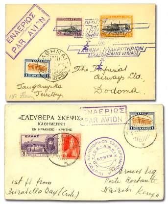 8101 1932-33, Tanganyika Gov ern ment Air Ser vice, Un of fi cial Mail, two cov ers: Lindi to Scot land.