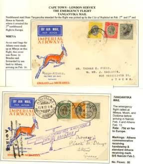 8112 1932, South West Af rica Mail, two cov ers: Windhoek - Salis bury, ilustrated First Flight cover, car ried on feeder ser vice by SWA Air lines, two dif fer ent air mail