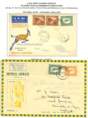 ....... $110 8119 1932, three cov ers South Af rica - Eu rope, Spring bok cover Vic to ria West - United King dom franked 1s2d; Im pe rial Air ways (Af rica) il lus
