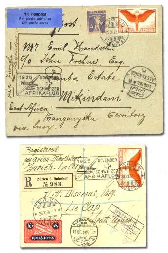 .. $80 8012 1926 (23 Nov), Zu rich - Cape Town by Wal ter Mittelholzer, cover to Tanganyika, boxed spe cial ca chet; also a reg