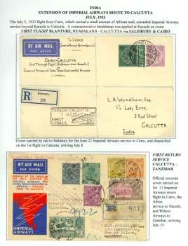...... $100 8173 1933-34, All Air Aus tra lia Ser vice, two cov ers: of - fi cial Im pe rial First Flight cover, Zan zi bar - New South Wales, 6 Dec 33, franked 1r60, backstamped; also com - mer cial