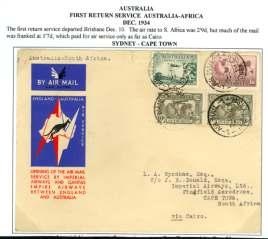 .. $90 8207 1934, All Air Aus tra lia Ser vice, Neth er lands In - dies, two cov ers: of fi cial Im pe rial First Flight cover from Rambang - Kisumu, franked 3x 50c air