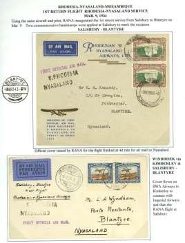 ........... $50 8214 1934 (9 Mar), First Re turn Flight, Rho de sia Nyasaland Ser vice, two cov ers: il lus trated RANA cover, franked 4d, flown Salis bury - Blantyre