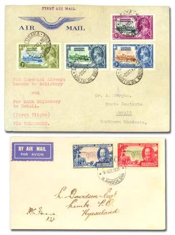 8221 1935, Ex ten sion of Salis bury - Blantyre Ser vice to Umtali, two cov ers: First Flight cover Lusaka - Umtali, 2 Oct, franked with full N.