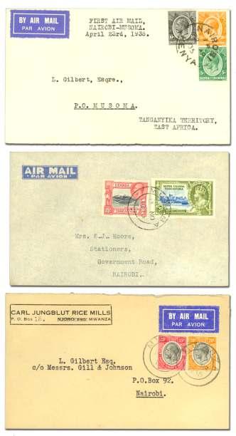 ........... $140 8222 1935, Goldfields Ser vice, three cov ers: 1.) First Flight Nai robi - Musoma, 22 Apr (25 flown); 2.