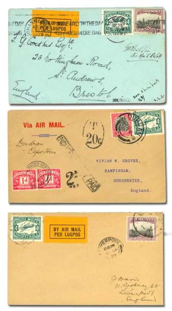 ....... $150 8020 1929, First Reg u lar Air Mail Lon don to Durban via Cape Town, two cov ers: cover car ried on the steamer Carnarvon Cas tle (with post card of ship),