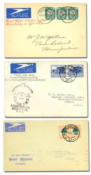8250 1936, Ex ten sion of West Af ri can Ser vice to Lagos, three cov ers: 1.) first Flight United King dom - Lagos, reg is tered cover franked 9d, de parted Croy don 16 Oct; 2.
