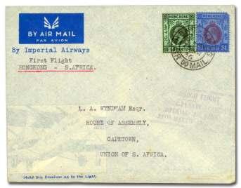 8253 1936, Hong Kong - Penang Feeder Ser vice, Im - pe rial hold-to-light en ve lope flown Hong Kong - Cape Town, franked $1.
