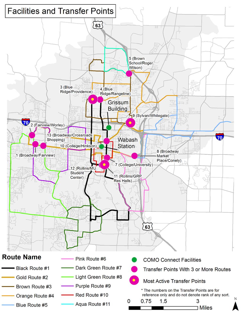 In Figure 10, the bus stops serving three or more routes and stops with higher levels of ridership are labeled.