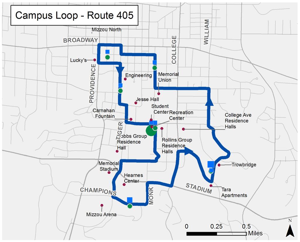 Route #405 Campus Loop Performance Indicator Average Weekday % of Total Ridership 153 2.7 Revenue Miles 57.2 1.9 Revenue Hours 1 5.7 2.8 Wheelchair Boardings 0.4 6.1 Bicycle Boardings 0.2 0.