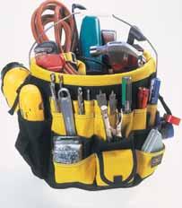 2 large side pockets with loops to hold large handled tools. Mesh zippered pocket for easy view of pocket contents. 18 L x 9 W x 12 H.