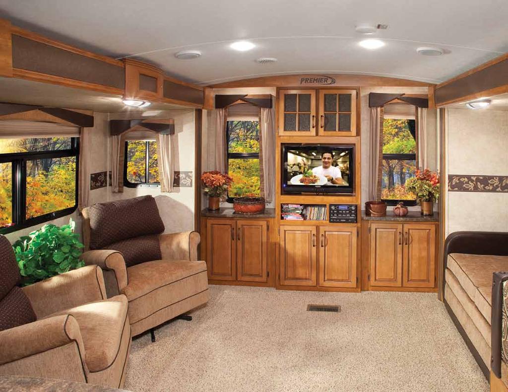 29RTPR LIVING AREA SHOWN WITH GODIVA DECOR Premier by Bullet is the New Gold Standard in Ultra Lite RVs.