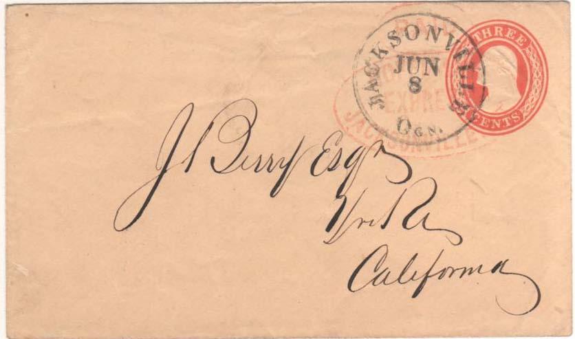 10 for transcontinental rate to Wisconsin 19 Aug (1858) Jacksonville Ogn handstamp