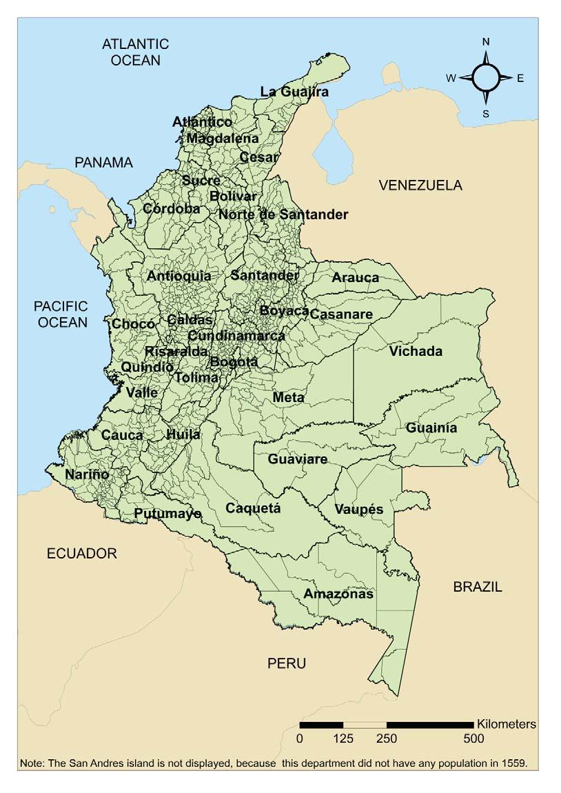 Map 1. Current limits of Colombian departments and municipalities.