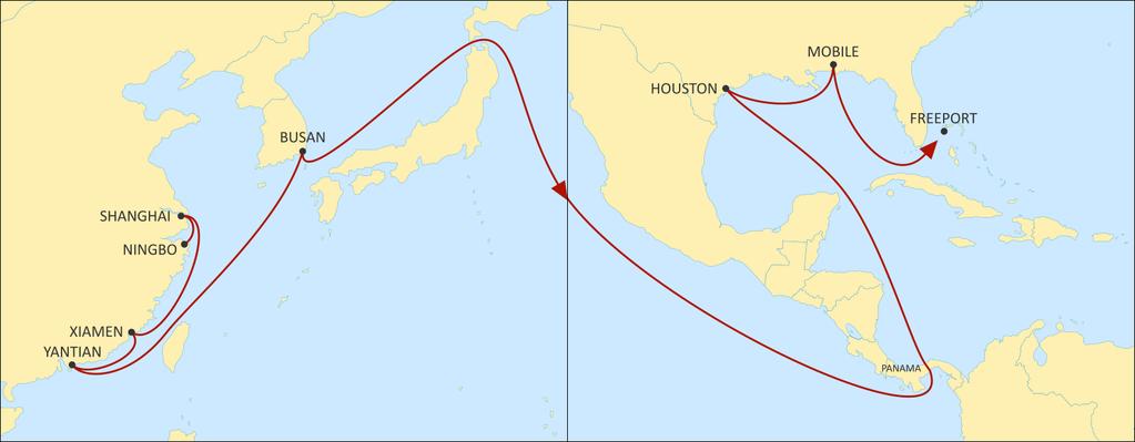 ASIA TO USA EAST COAST LONE STAR EXPRESS EASTBOUND An express direct US Gulf service through Panama, linking South and Central China and South Korea with Houston and Mobile, allowing for competitive