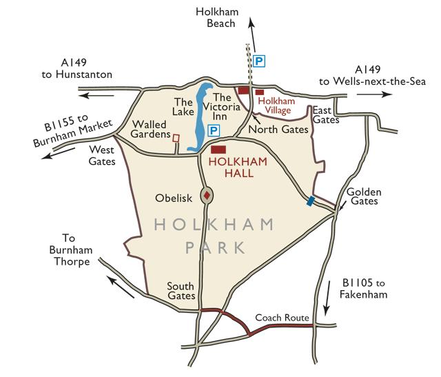 By coach: Due to height and width restrictions at the north gates, coaches must use the south gates entrance following brown tourist signs indicating Holkham Hall Coaches.