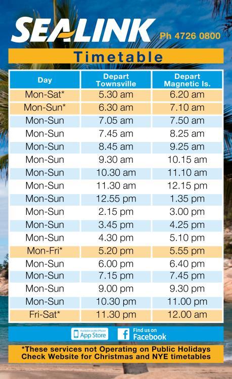 ADDITIONAL INFORMATION FERRY SERVICES Sealink offers 18 return services to Magnetic Island daily and travel time is approximately 20 minutes.