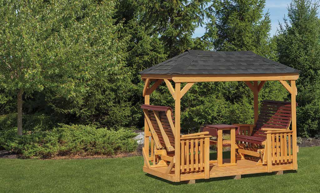 Gazebo Gliders are available with A-frame roof or hip roof and with cedar shake