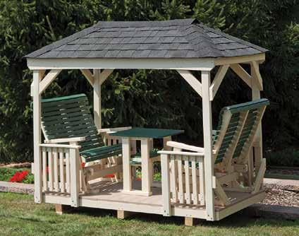 Brown Asphalt Shingles Poly Gazebo Glider Set with A-Frame Roof Shown in Ivory Poly with Weatherwood Seats