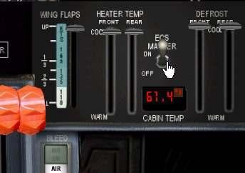 CABIN HEAT CONTROLS The heater controls are located on the lower section of the righthand side of the instrument panel. Access can be gained via the throttle/pedestal panel view.