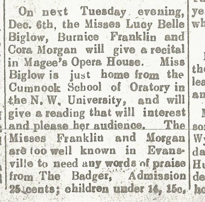 The infant son of Mr. and Mrs. Frank Franklin is very ill. October 13, 1900, The Badger, p. 1, col.