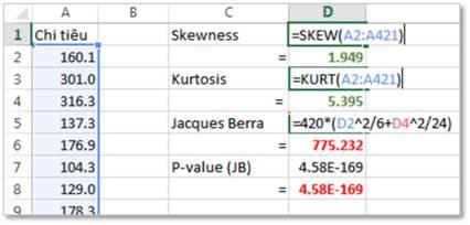 Kiểm định H0: Biến tuân theo quy luật chuẩn H1: Biến không tuân theo quy luật chuẩn nếu thì bác bỏ H0; P-value = Sử dụng hàm: = SKEW và hàm: =KURT để tính các giá trị Sk và K, sau đó thay vào công