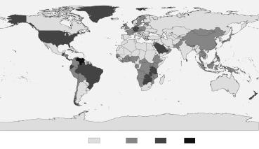 Figure 2a. Percentage protected area coverage for terrestrial habitats across the nations of the world.