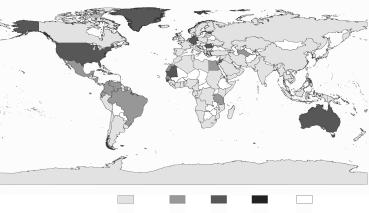 Percentage protected area coverage for near-shore marine habitats across the nations of the world.