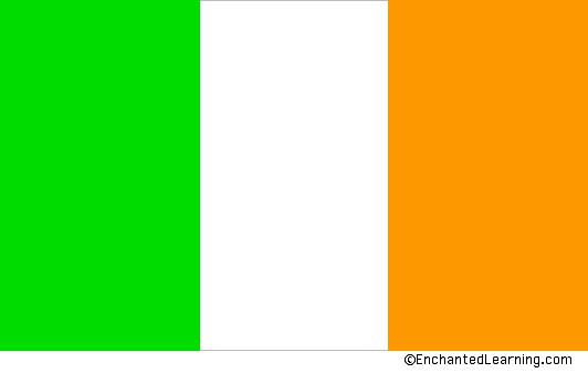 FLAG OF IRELAND: The Republic of Ireland's flag is made of three equal-sized rectangles of orange, white, and green (this type of flag is called a tricolor). The flag is twice as wide as it is tall.