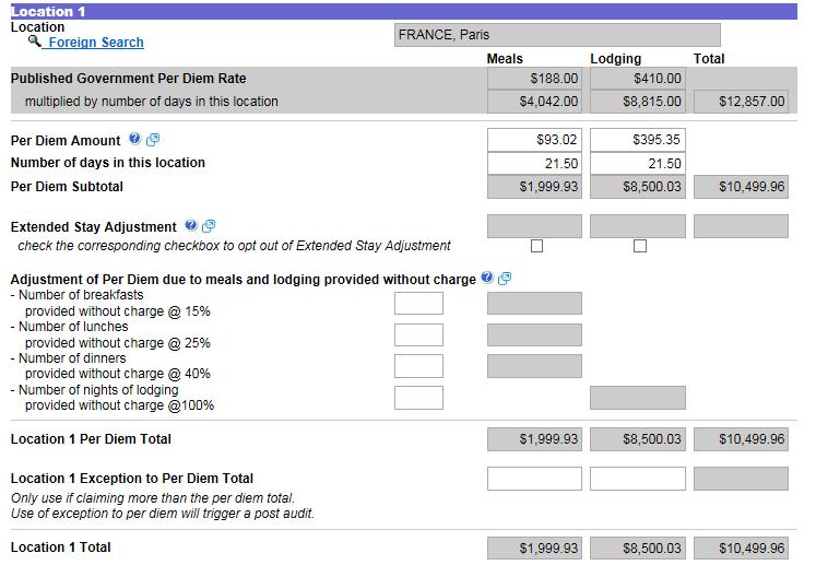 RECONCILING THE TRIP The Per Diem tab Hotel and Meals tabs are not available for trips over 30 days, outside of the continental US, or foreign travel; use the Per Diem Tab instead Click on Foreign