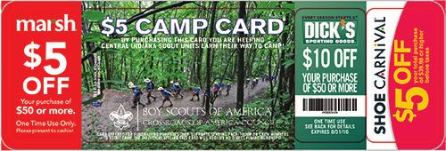This includes purchasing equipment such as tents and backpacks and to send Scouts to camp. Camp Cards may only be sold between March 1 and April 29, 2016.