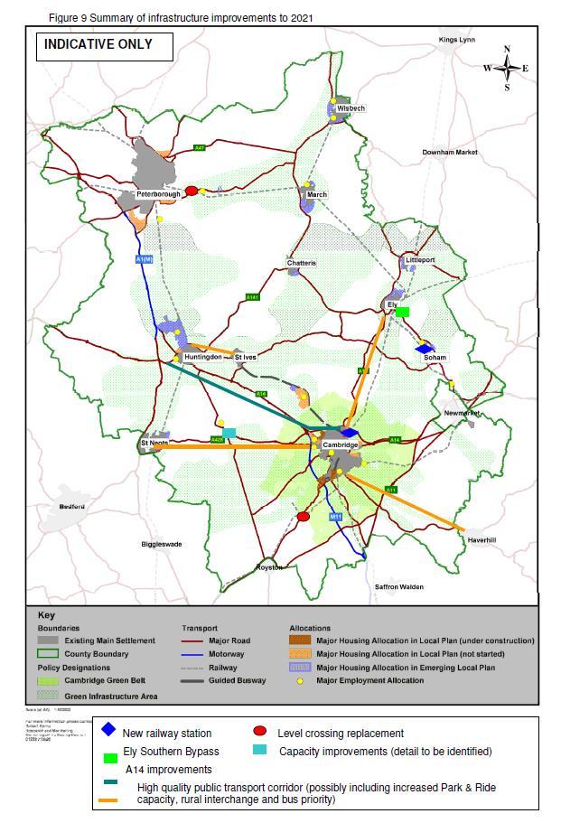 The Cambridgeshire County Council Long Term Transport Strategy identifies both East West Rail and the need for a "High quality public transport corridor (possibly including increased park and ride