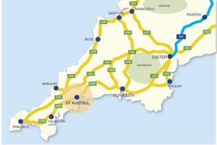 St Austell is located 24 kilometres (15 miles) east of Truro, 32 kilometres (20 miles) south of Newquay and 64 kilometres (40 miles) west of Plymouth.
