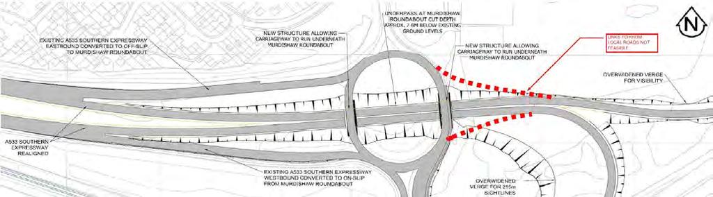 M56 New Junction 11a - Report on the public consultation 5.5.3 5.5.4 Figure 5-5: Through-about layout with underpass The through links would align with a realigned (and lowered) A533 Southern Expressway, and the M56 eastbound slip roads.