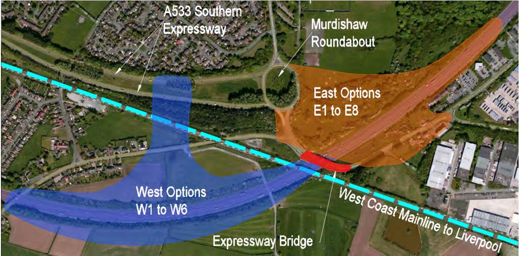M56 New Junction 11a - Report on the public consultation East Options West Options 2.5.3 2.5.4 2.5.5 Figure 2-2: Locations of options considered Fifteen options, based on the 3 locations identified, were developed and technically appraised during the initial research stages of the project.