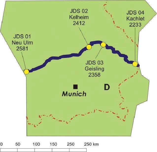GEO-MORPHOLOGICAL REACH 1 Danube Reach 1 stretches over 356 river km between Neu Ulm (JDS1) and the Danube s confluence with the Inn River. Four JDS sampling points were situated within this Reach.