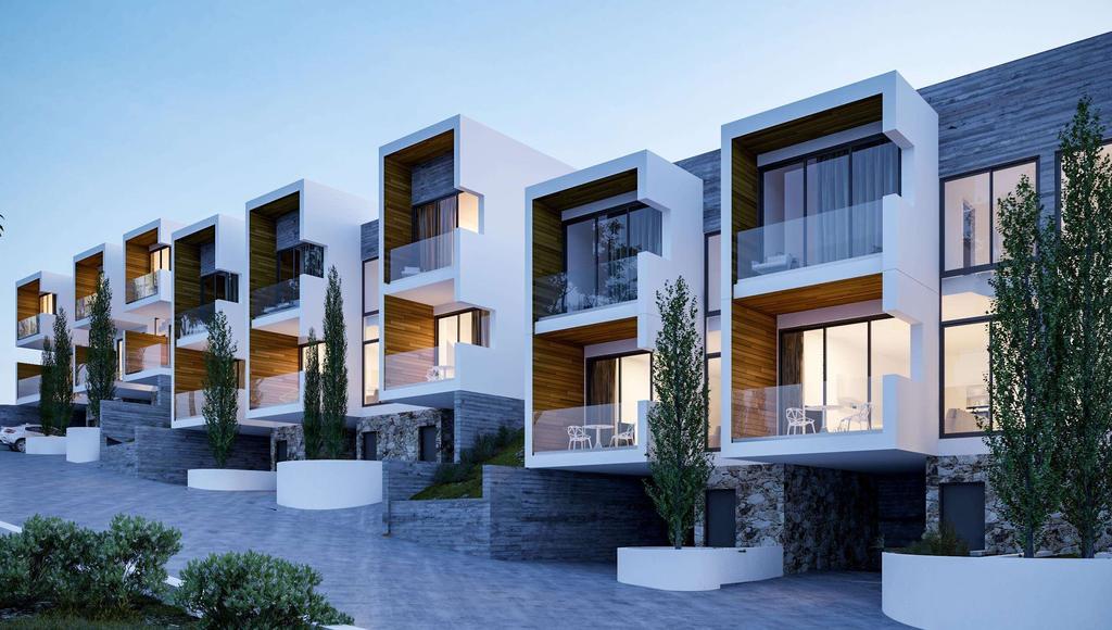 A perfect balance of materials, Aria townhouses feature fairface concrete, natural stone and iroko framed