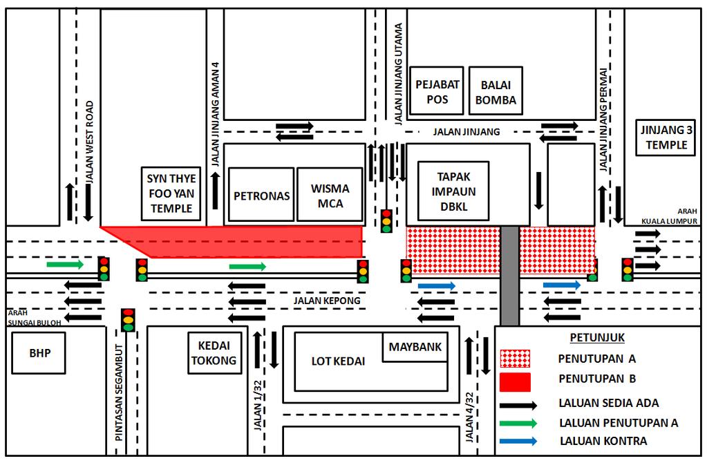Closure B : Full bound closure along Jalan Kepong (Kuala Lumpur-bound) for a total stretch of 350 metres starting from the traffic light junction of Jinjang Utara until the junction of Jalan Jinjang