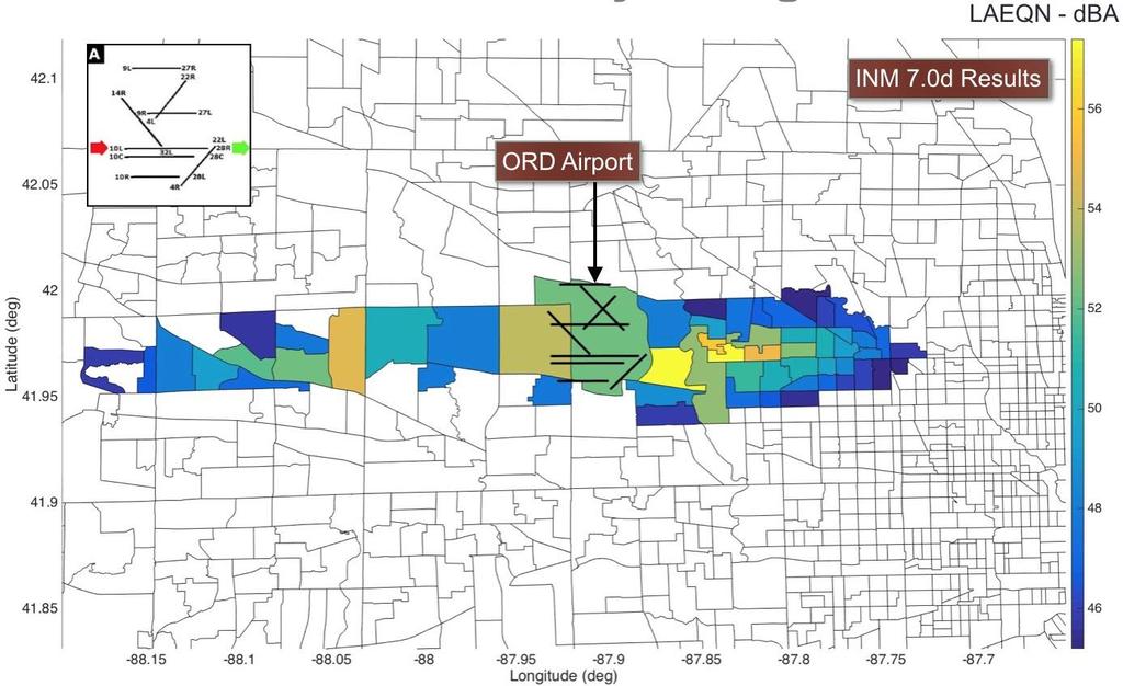 Figure 20 shows the LAEQN heat maps for runway configuration B of the proposed runway rotation plan. In configuration B both arrivals and departures use the same runway (14R).