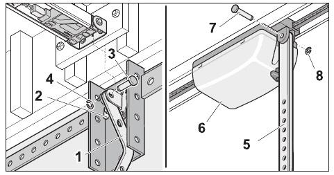 Installation Step 6 Attach the door arm Guide the bolt, (short) () through the hole in the door bracket (2) and in the curved door arm () and secure with the locking c- clip ().