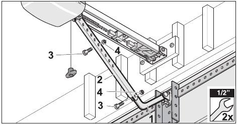 Slide the curved door arm () into the door arm (2) and secure with two bolts /8 () and two self-locking nuts /8 (). Tighten the nuts using a 9/6 open-end wrench.