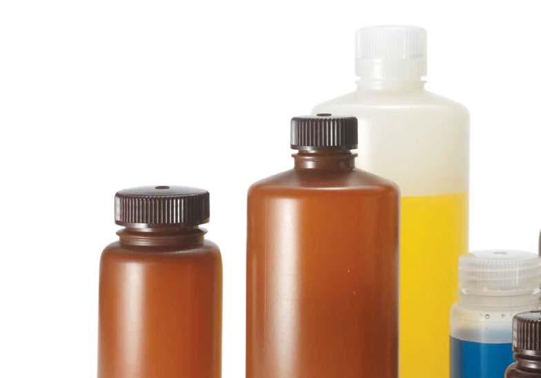 Thermo Scientific Nalgene Narrow-Mouth Packaging Bottles with Closures translucent amber high-density polyethylene with opaque amber polypropylene closures, bulk pack Nalgene translucent amber HDPE