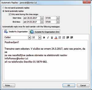 Outlook 2010: Koraki nastavitev samodejnega odgovora Za nastavitev v poštnem odjemalcu Outlook 2010 je postopek podoben kot v spletni različici Webmail, le videz in koraki so malenkost drugačni.